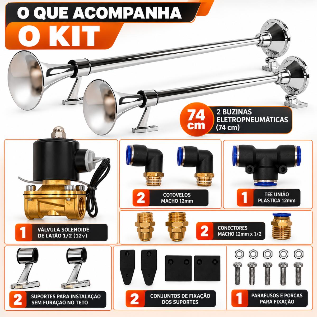 Kit Buzina Maritima 74cm 12v Incluso Conexões 12 Mm Com Válvula Solenoide inclusa kit completo para Caminhão — foto 5