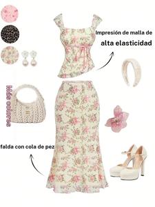 Conjunto de dos piezas para mujer, top con bajo asimétrico, falda tipo cola de pez de cintura baja con decoración de lazo, estilo vintage, verano, invitada a boda, vacaciones, cumpleaños