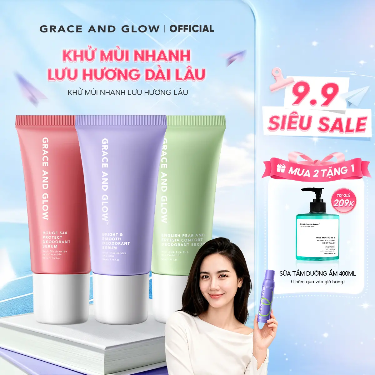 Lăn khử mùi Sáng Da Grace and Glow 50ml Black Opium / English Pear / AHA BHA Serum Lăn Nách Sáng Da Ngăn Mồ Hôi
