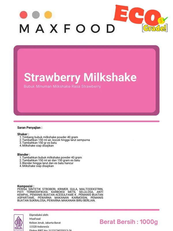 MAXFOOD - [ECO] Strawberry Milkshake Powder / Bubuk Minuman Rasa Stroberi Milkshake Ekonomis 1 KG 1