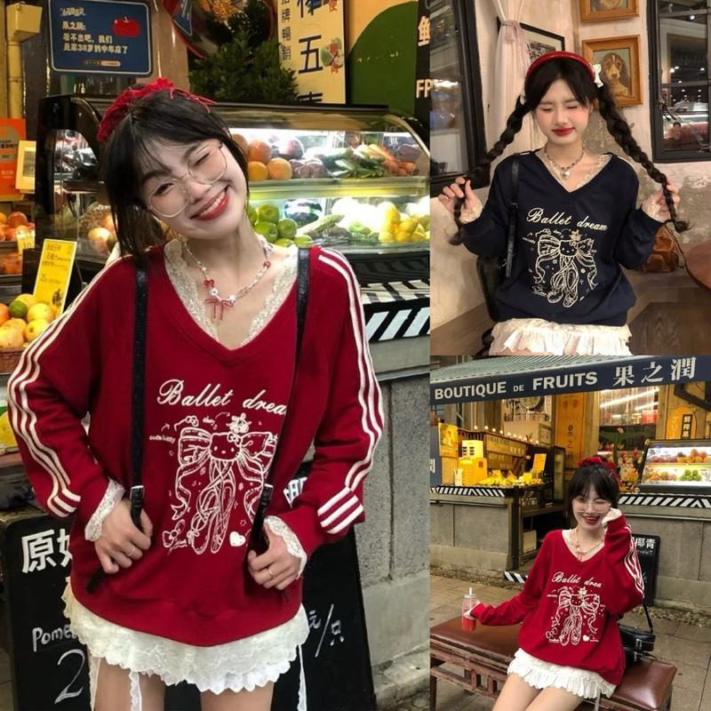  Áo Sweater Nỉ Bông Nữ Form Rộng Cổ V Phối Ren Hình Mèo Berry Kitty Nơ Balletcore Style Coquette Tiểu Thư Hàn Quốc Dễ Thương Áo Thu Đông Dài Tay Mặc Đi Học Đi Chơi Noel Tết Bigsize Che Bụng Han2012 Xưởng May Nga Ly 