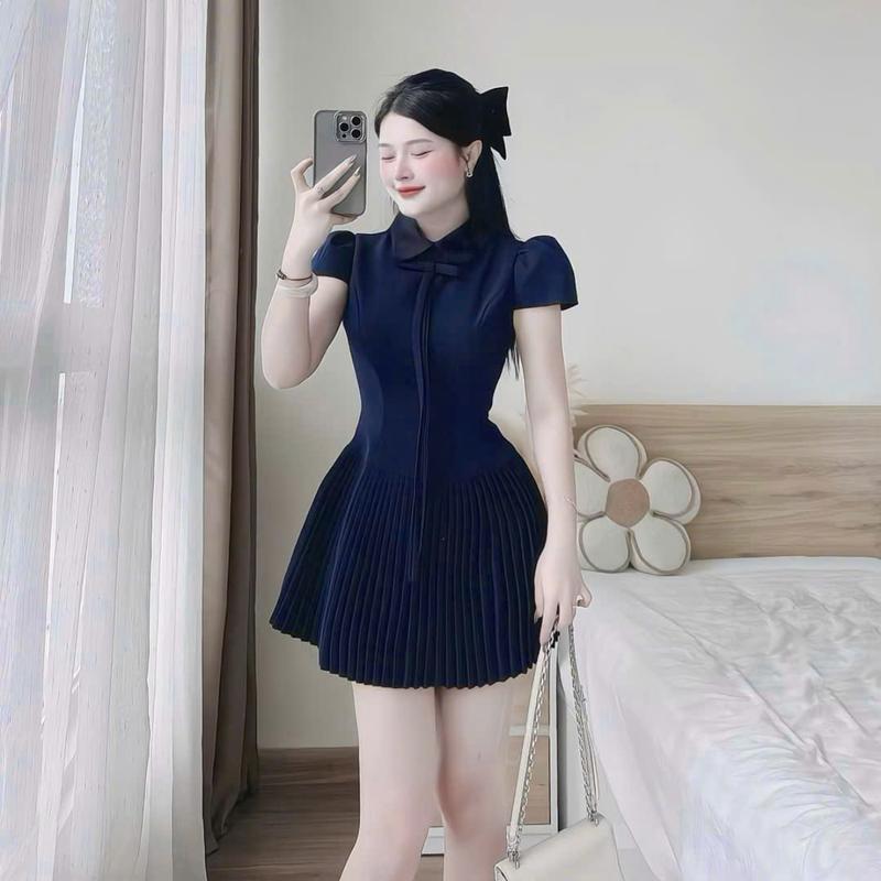 Hoaiphuongshop Váy tiểu thư B27 thiết kế dập ly dáng ngắn có dây nơ size S-XXL chất liệu Vải dệt thoi cotton lạnh màu trăngkem cho phái đẹp KHÔNG kèm quần. (Nhận làm theo yêu cầu)