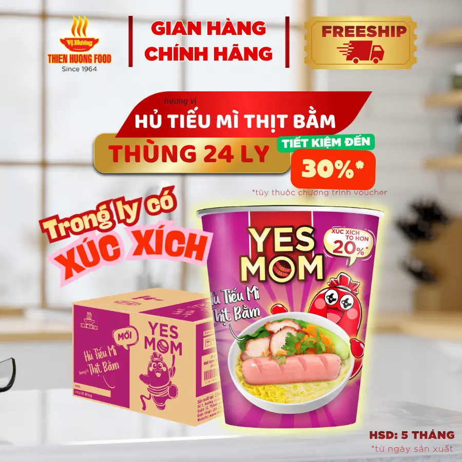 CÓ XÚC XÍCH VÀ VẮT HỦ TIẾU TRONG LY - Thùng 24 Ly Hủ Tiếu Mì Thịt Bằm Yes Mom Có Xúc Xích 79.2gram/ly