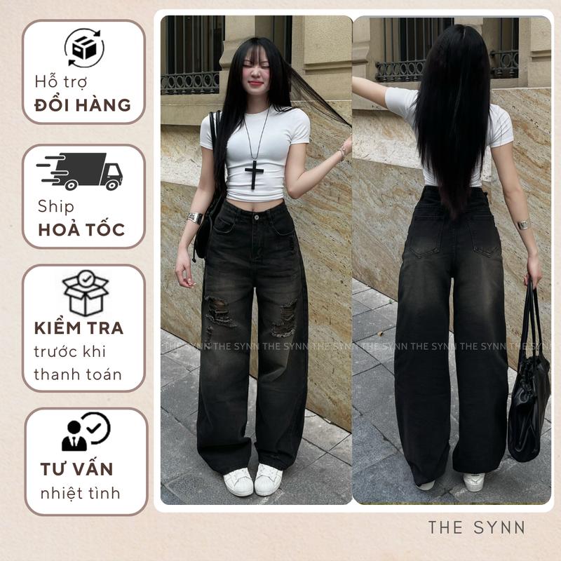 QJ11 S-XL 104-106cm - Quần Jean Nữ Ống Suông Phối Túi Rách Màu Đen Thuần