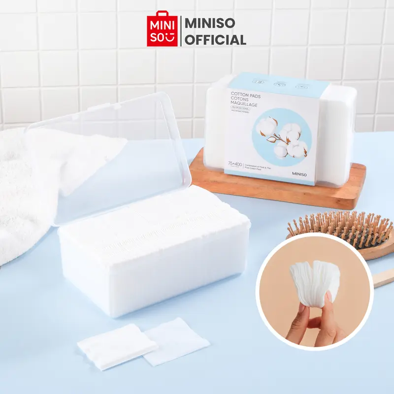 MINISO Facial Cotton Pads 75pcs Tebal + 400pcs Tipis Kapas Pembersih Makeup Make Up Bantalan Kapas Kotak Kapas Pembersih Wajah Kapas Kecantikan 0