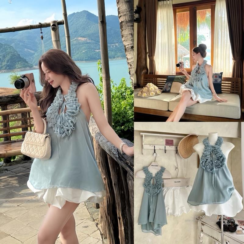 DAILY01 Set thiết kế áo cổ yếm bèo tơ, màu xanh ngoc, may kiểu có dây buộc mix cv bí tafta , phong cách nhẹ nhàng nữ tính . Thời trang hè