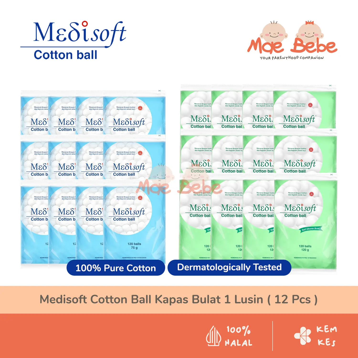 [1 LUSIN] Medisoft Cotton Ball 12 Pcs | Bola Kapas Bulat Serbaguna | Biru 75g - Hijau 120g