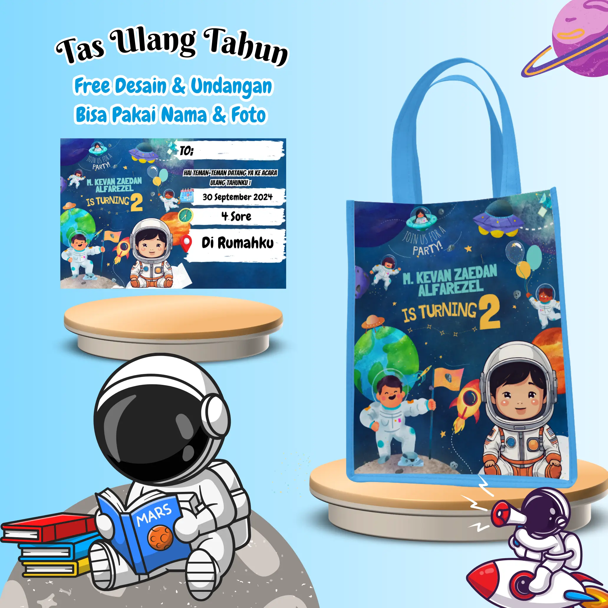 Paket 50 Pcs Tas & Free Undangan Anak Ulang Tahun Custom Desain Muat Kfc Snack Kain