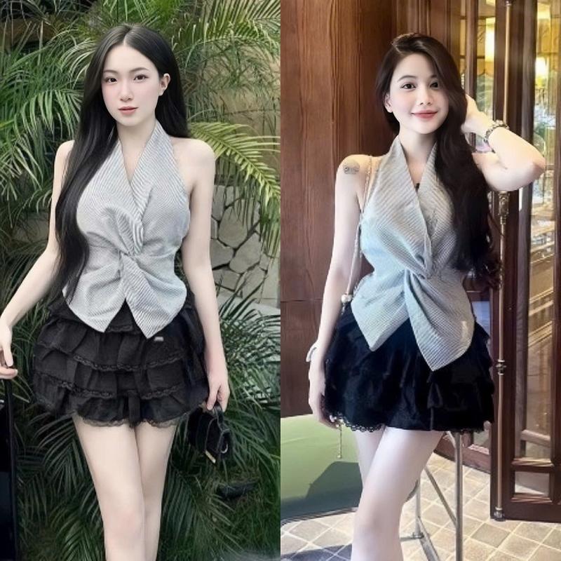 Set dồ nữ áo linen sọc cổ yếm thân sao mockinh có mút mix chân váy ngắn xếp tầng xinh xắn thanh lịch dành cho nàng di chơi.