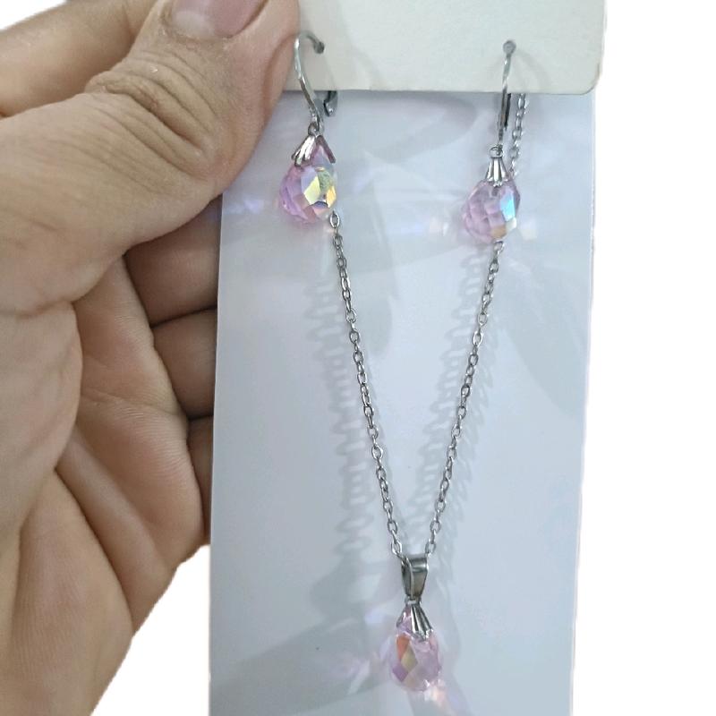 Bông tai & Dây chuyền inox không đen gỉ không làm ngứa da giọt nước màu Hồng - Trang sức
