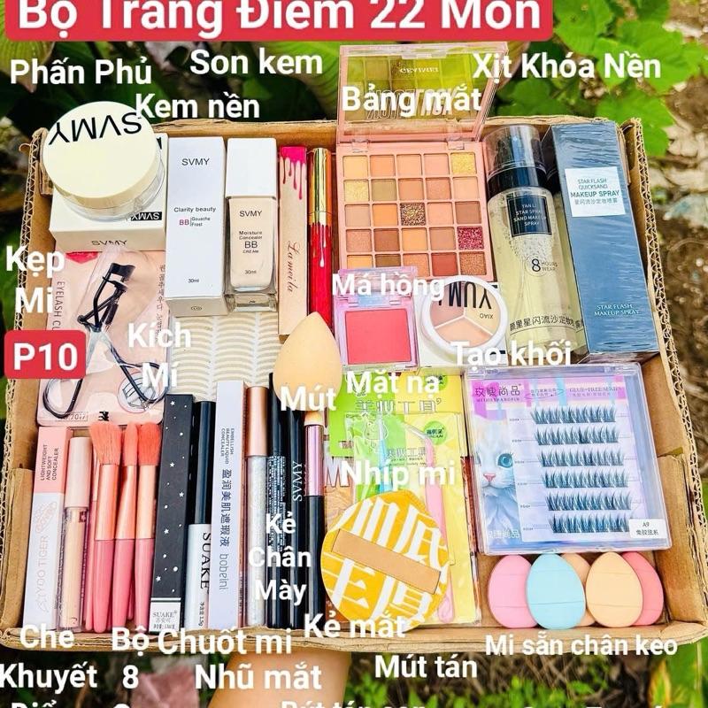  Bộ Trang Điểm 22 Món P10 Makuep Cơ Bản Cho Nữ Mới Học Trang Điểm Đầy Đủ Xịt Khoá+Lông Mi+Kem nền+Phấn Nước Cushion+Kem Lót+Kem Che Khuyết Điểm+Son Kem 