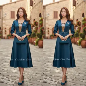 Emma.butik E00274 Midi Dress Pesta Imlek Satin Gaun Formal Gereja Wanita Sequin Polos Kondangan Casual Mewah Cantik Simple