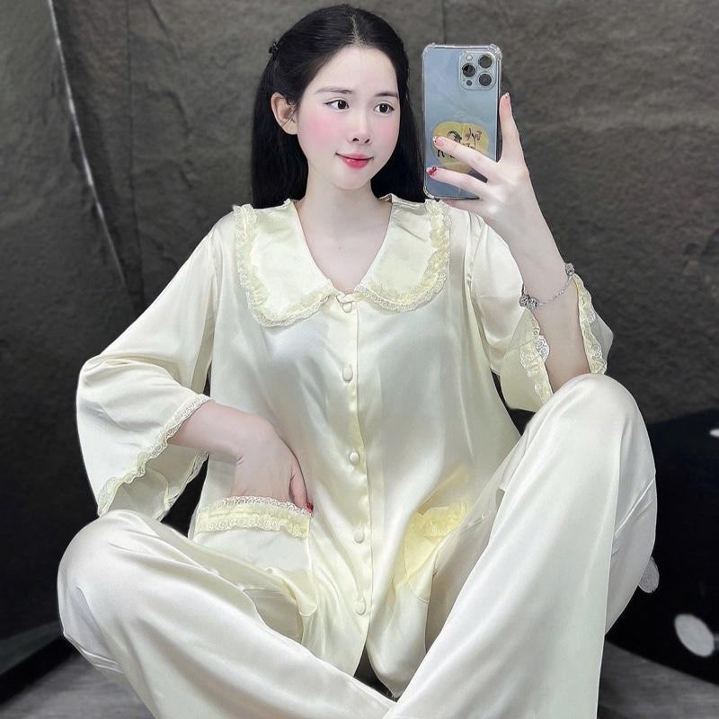 Sét bộ Lụa Dài, cổ sen , ren tay , tay loe mẫu mới
