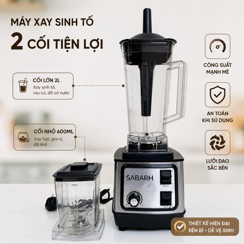 Sabarh Máy Xay Sinh Tố 2 Cối 2L & 600ml, 6 Tốc Độ, 8500W, Lưỡi Dao 6 Cánh, Chống Tràn, Dễ Vệ Sinh, Tặng Cốc Xay Nhỏ, An Toàn & Bền Bỉ