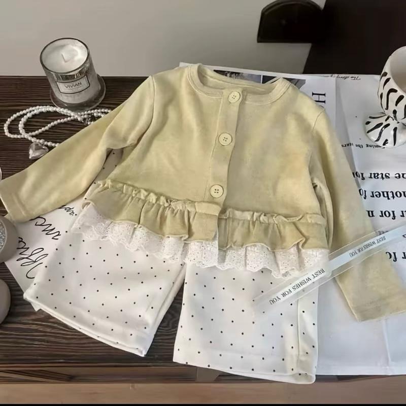 SẴN Set bộ tăm ren phối quần nỉ cho bé gái 2 màu dỏ vàng sz 5-18kg