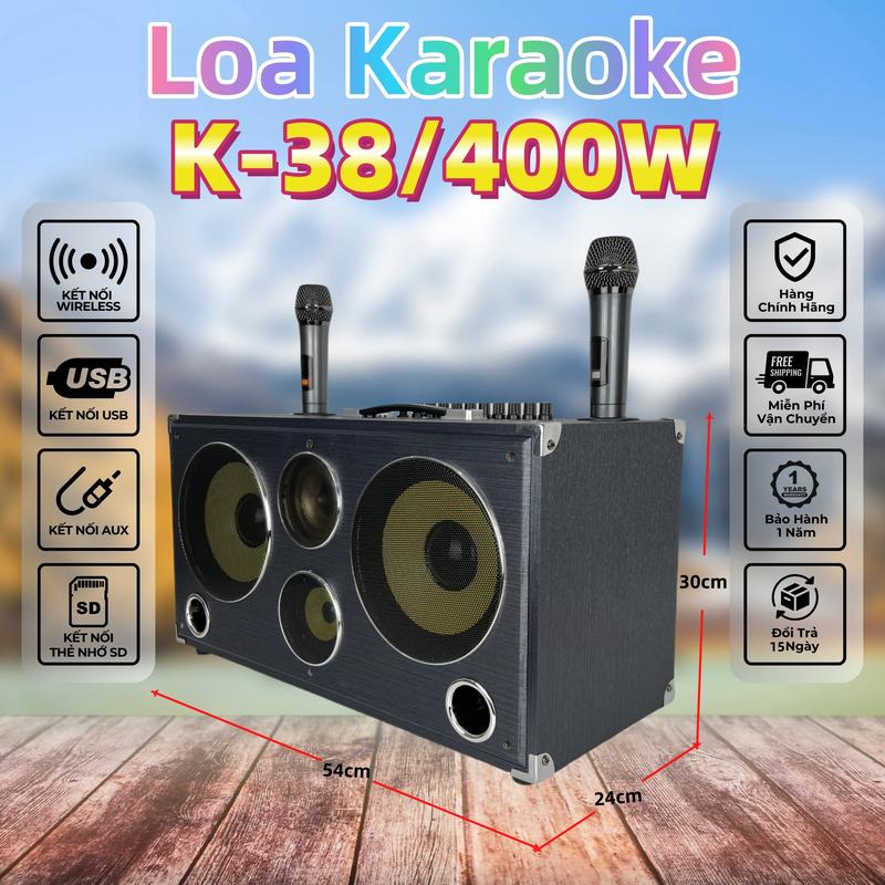 JK BOX-K38 400W Loa Karaoke Di Động Nghe Nhạc Xách Tay Bluetooth Bass 20cm x 2 Mid x 1 Treble x 1 2 Micro không dây Bảo Hành Chính Hãng 12 tháng