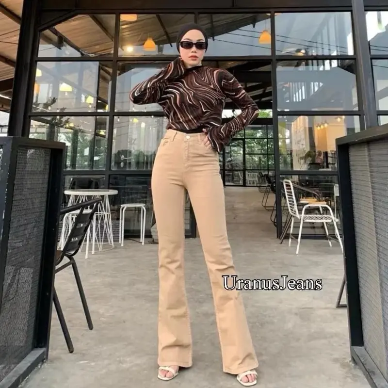 Celana Cutbray Jeans Wanita Import Strech High Panjang Keren Vintage Waist Melar Hitam - Size 27-42 Putih Dark 7