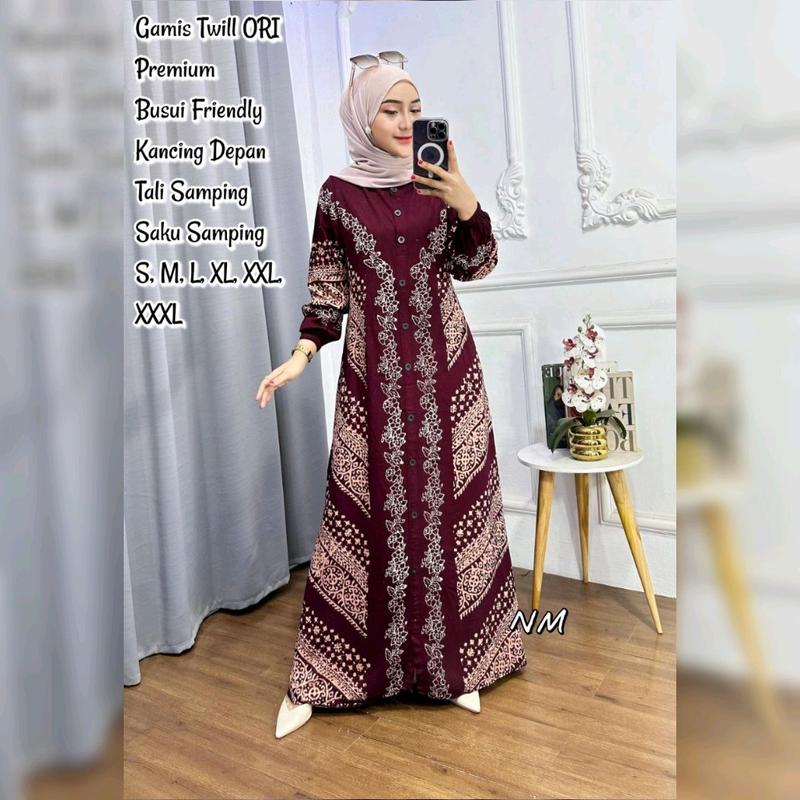 Gamis Twill Ori Muslim Premium Pekalongan Lengan Panjang Model Kancing Depan Busui Friendly Dress Batik Wanita Dewasa Modern Murah Tali Samping 5