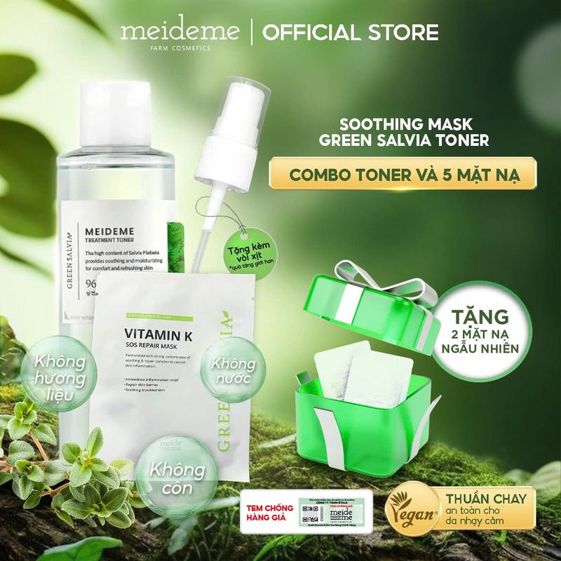 [Combo Xâm lấn] Mặt Nạ SOS Vitamin K MEIDEME Green Salvia (5 miếng/hộp) + Toner MEIDEME Green Salvia Treatment Toner 200ml (Tặng 1 vòi xịt phun sương + 3 Mask Ngẫu Nhiên)