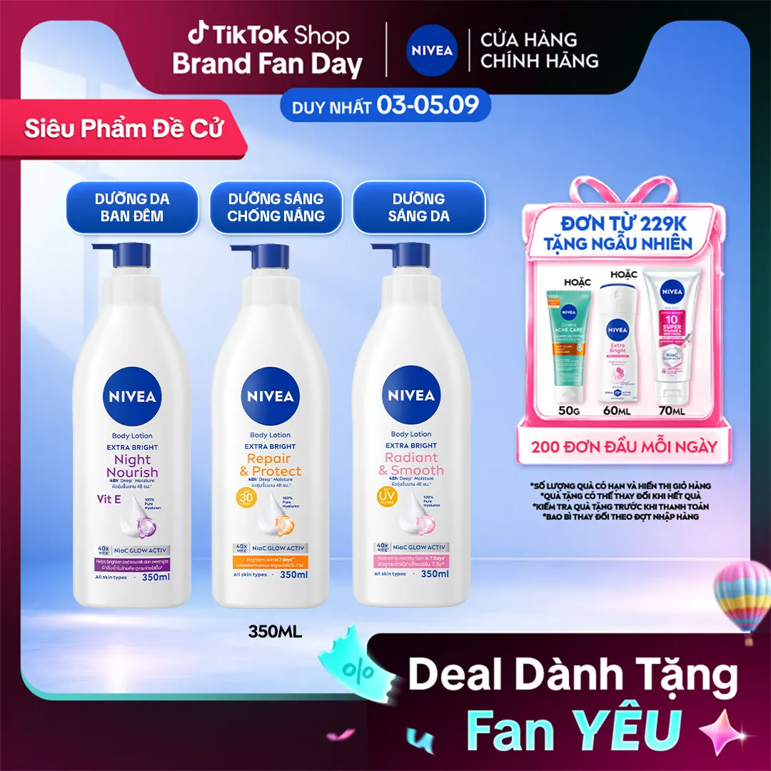 Sữa Dưỡng Thể NIVEA Extra Bright Dưỡng Sáng Mịn Da/Chống Nắng Ban Ngày/Sáng Da Ban Đêm (350ml) - 88311/98413/98412