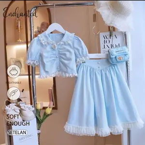 [Enchanted Princess] 2-11 tahun Setelan Anak Perempuan Bergaris Biru Putih Atasan Lengan Pendek Kerah Bone  Rok Mengembang Renda Premium