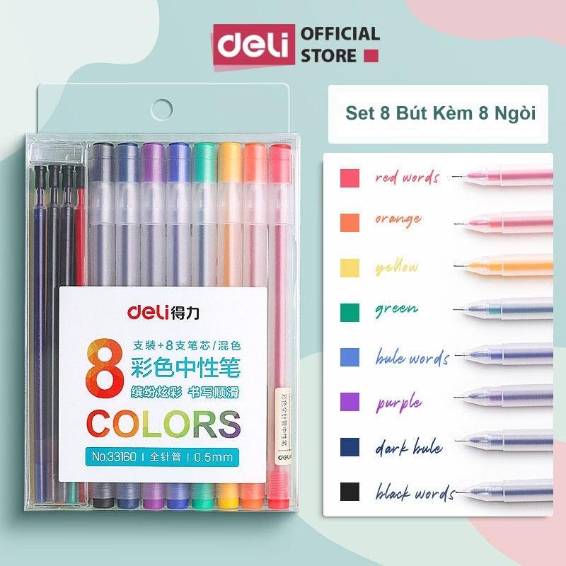  Deli SET BÚT GEL NHIỀU MÀU DELI - Bộ 8 Bút Kèm 8 Ngòi Màu Sắc Rực Rỡ Phù Hợp Học Sinh Nhân Viên Văn Phòng No.33160 A119 