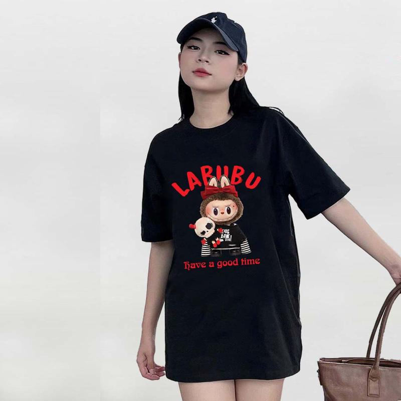 Áo thun Junos in hình LABUBU Chestnut Cocoa cotton nữ siêu cute kiểu unisex form oversize cổ tròn top Women. 1