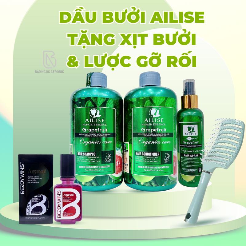 CẶP DẦU BƯỞI AILISE 850ML TẶNG XỊT BƯỞI 150ML + TINH DẦU ARGAN OIL 50ML + LƯỢC GỠ RỐI- Chăm sóc tóc