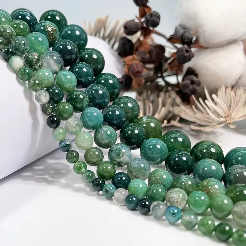 Natural Moss Agate Gemstone Smooth Round Loose Beads For Jewelry Making Design DIY Handmade Crafts Bracelet, Necklace, Earrings AAA Quality 15.5 Inches Long, Semi Precious Stone, Spacer beads