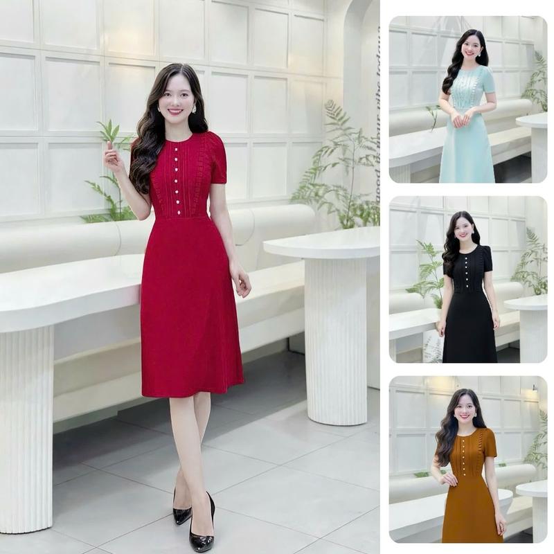 Đầm Nữ thiết kế Nhật Vy tay ngắn cổ tròn viền bèo phối xếp ly ngực đính cúc chất lụa phù hợp đi chơi 3 màu đỏ xanh đen - D2892 Women Dress Kem