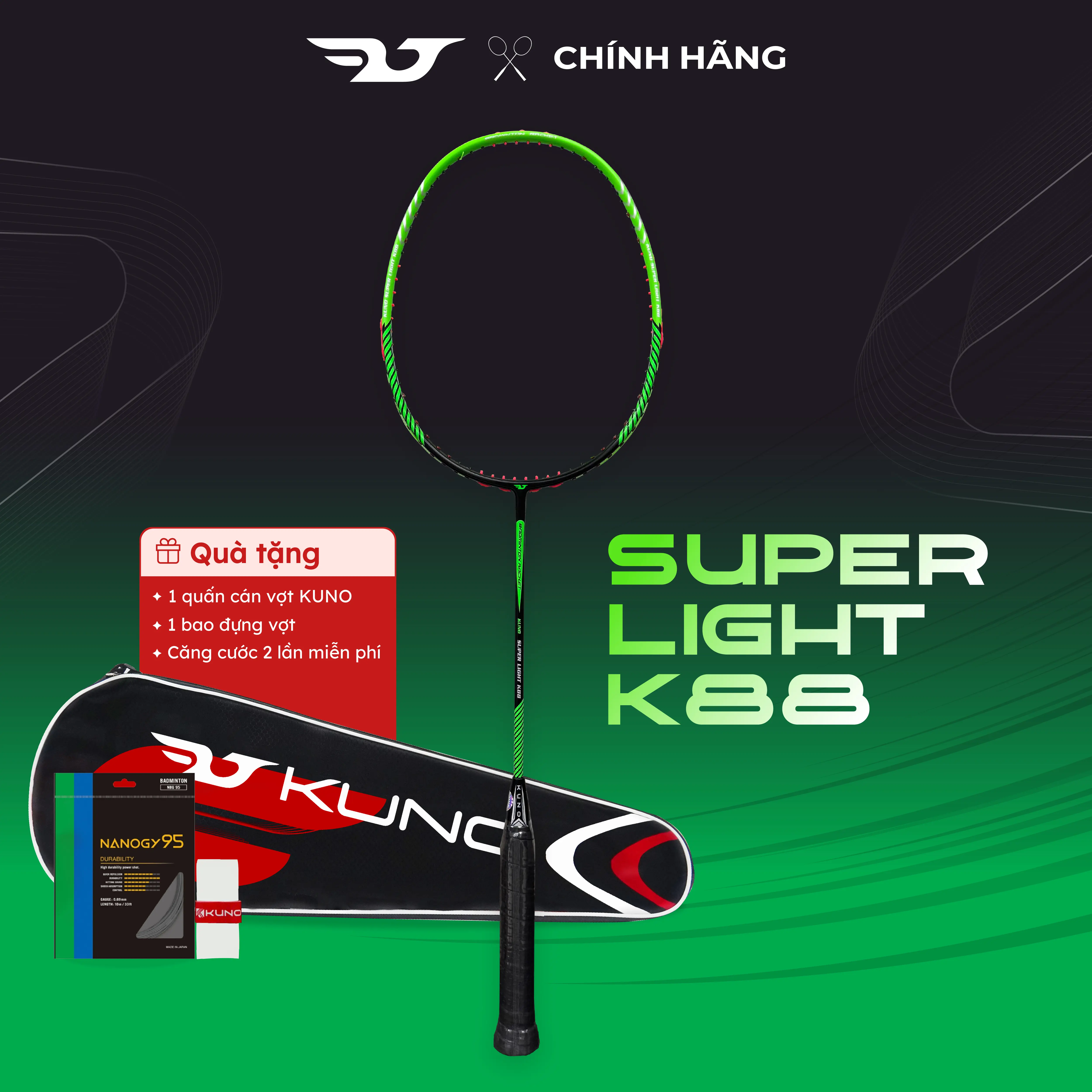 Vợt Cầu Lông KUNO Super Light K88SP Full Cacbon Trọng Lượng 6U Siêu Nhẹ, Công Thủ Toàn Diện Tặng 1 Quấn Cán, 1 Bao Đựng Vợt, Sport