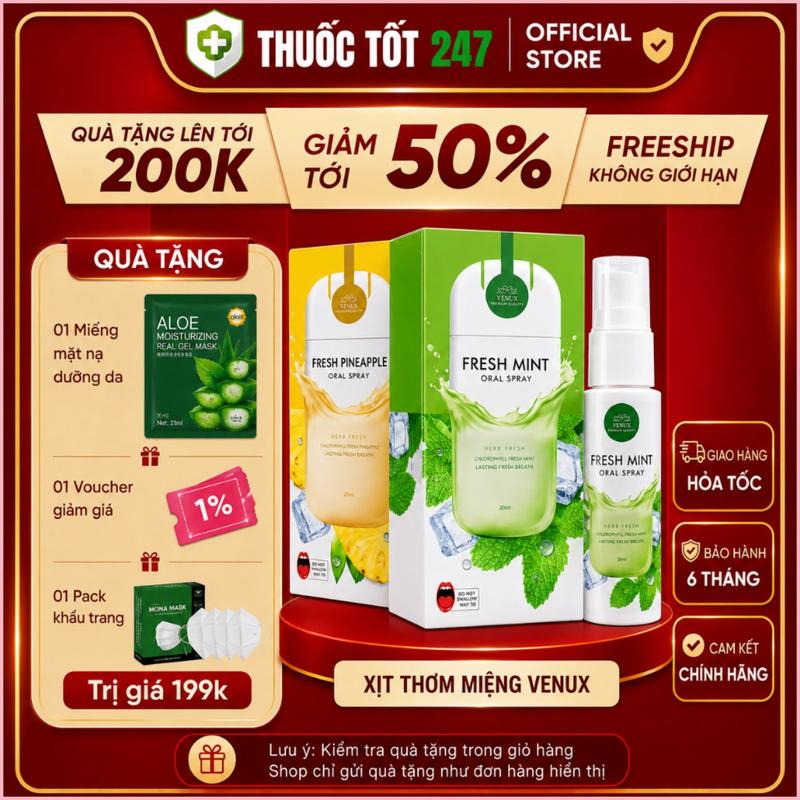 Xịt Thơm Miệng Venux Oral Spray Vị Bạc Hà và Vị Dứa 30ml