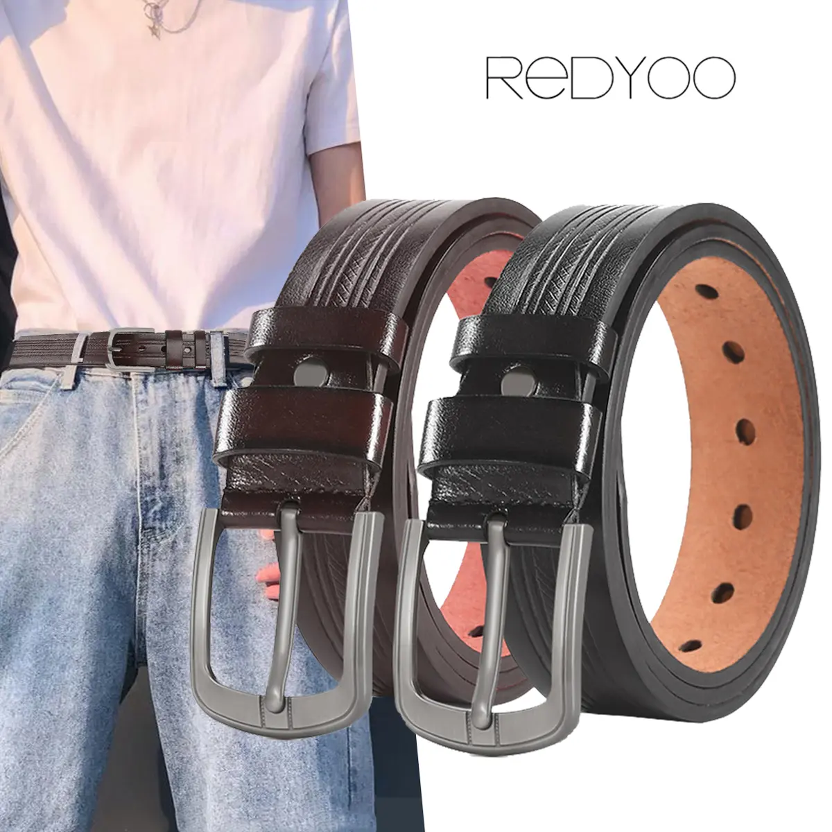 REDYOO Leather Belt Plus Casual Pin Buckle Waist Strap Retro Casual Business Belts For Men