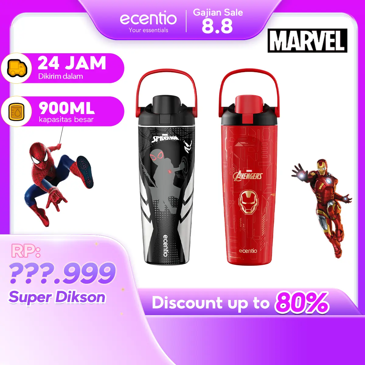 【live】ecentio Marvel Spiderman Iron Man Tumbler Botol Minum Stainless Steel 316/304 Anti Bocor Tahan Panas Dingin UV Berubah Warna 480ml 900ml Tumbler Mobil Sekolah Outdoor