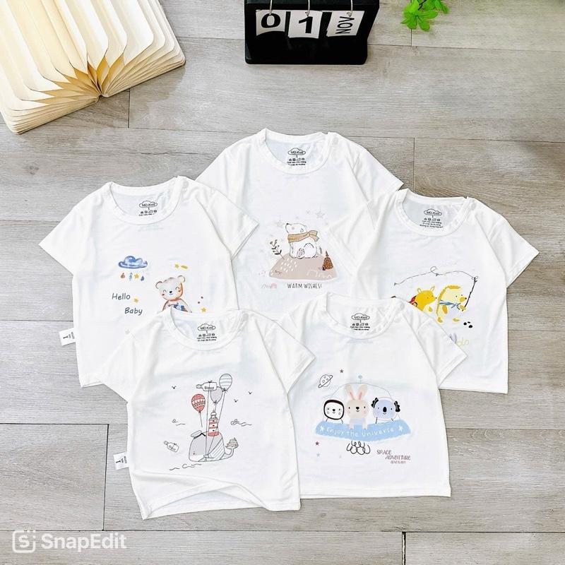 [VẢI ĐẸP] Combo 5 Áo Cộc Cài Vai Thun Lạnh Trắng In Hoạt Hình Dễ Thương Cho Bé Trai Bé Gái 4Kg -14kg