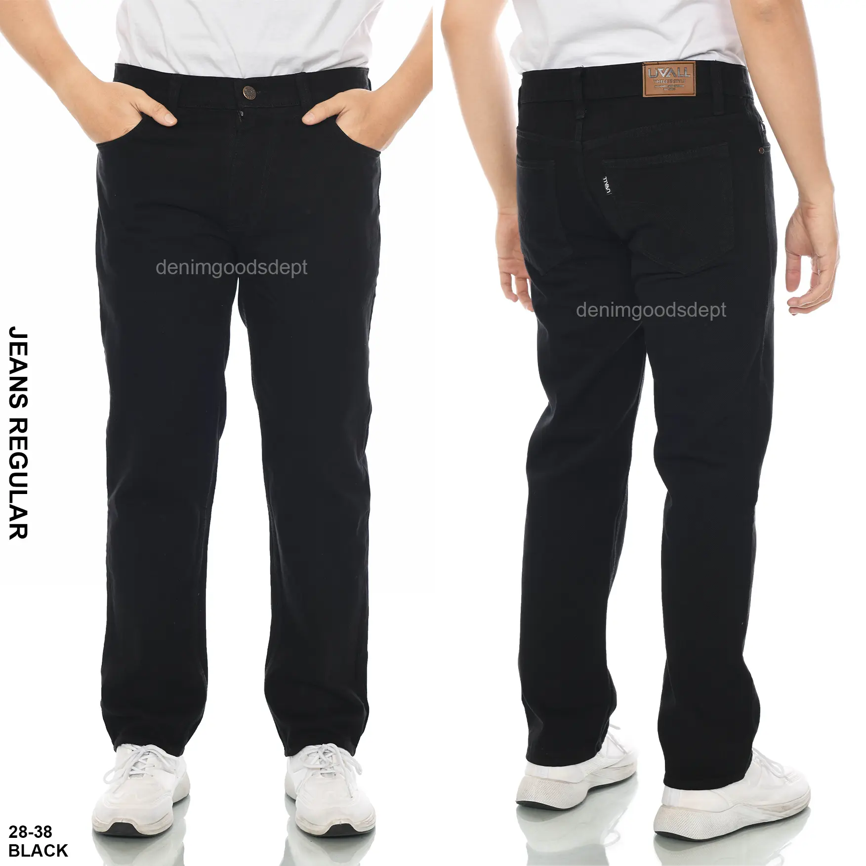 Celana Jeans Pria Panjang Standar Basic Reguler Fit Premium Original Distro Uvall Bahan Denim Non Stretch Warna Hitam Pekat Black Tebal Nyaman Ukuran 28-38