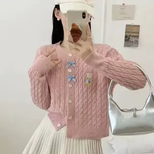 FUGUI Cardigan Rajut Lembut dengan Pita Super Imut V4585 Jaket Wanita Cantik dan Nyaman Outer Knitwear Warna Pink