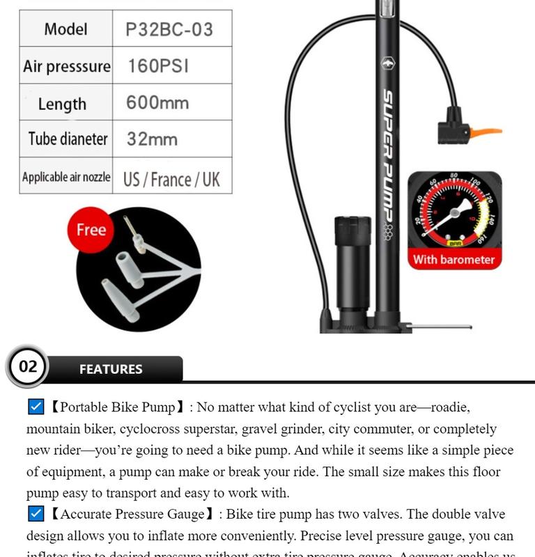 Product Introduction of SG Fast DeliveryBicycle Floor Air Pump With 160PSI Gauge  High Pressure  Cycling Bike Air Pump Inflator Road Bike Cycling Air Pump Tire Ball Inflator Alloy 1