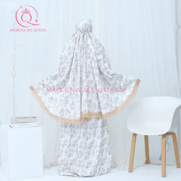 MyQueen - Mukena Dewasa 2in1 Checille Series Traveling Motif Bunga Full Printing Renda Mewah Jumbo Foil Premium Panjang Mukenah Wanita Cantik Remaja Muslim 3