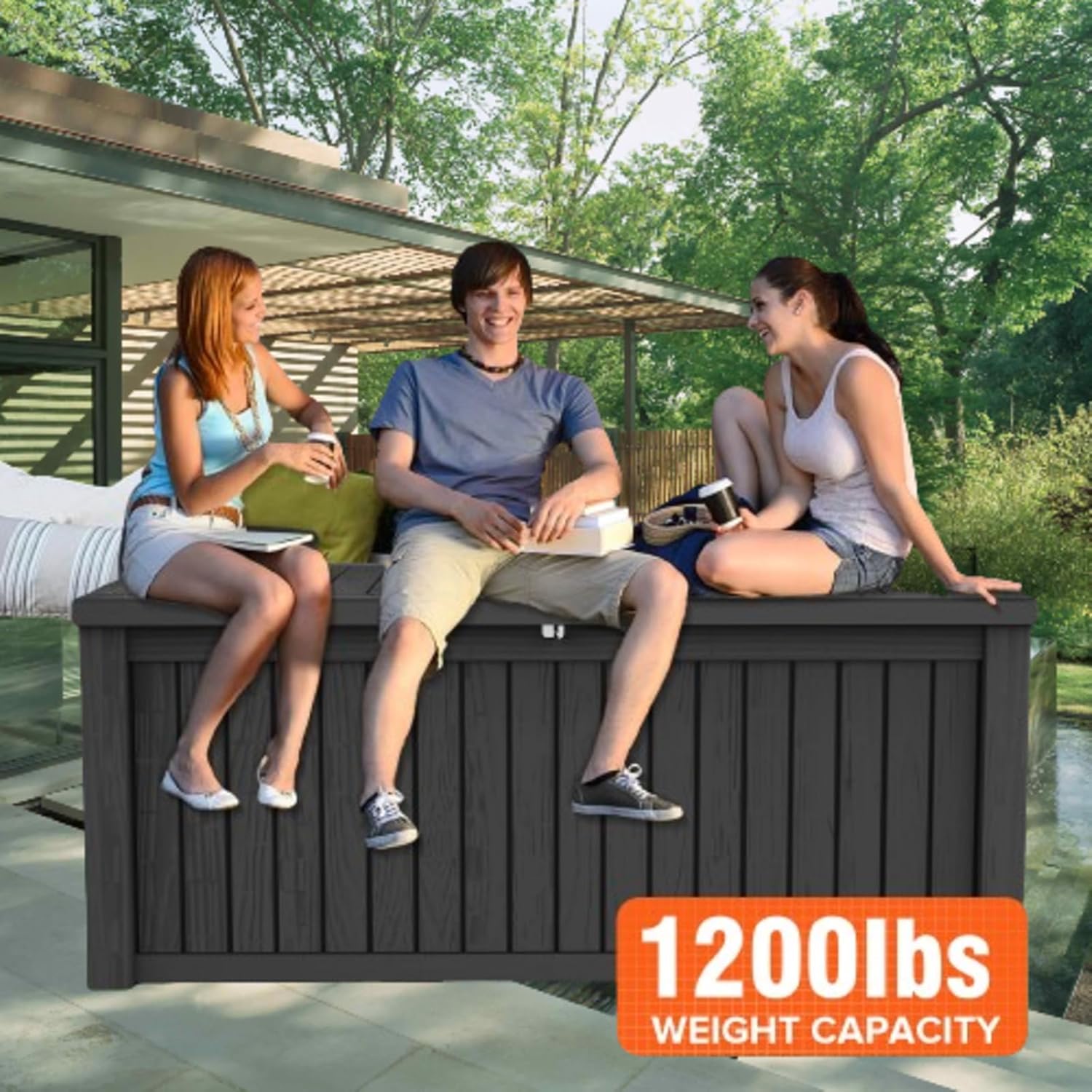150 gallon resin deck box used as additional outdoor seating