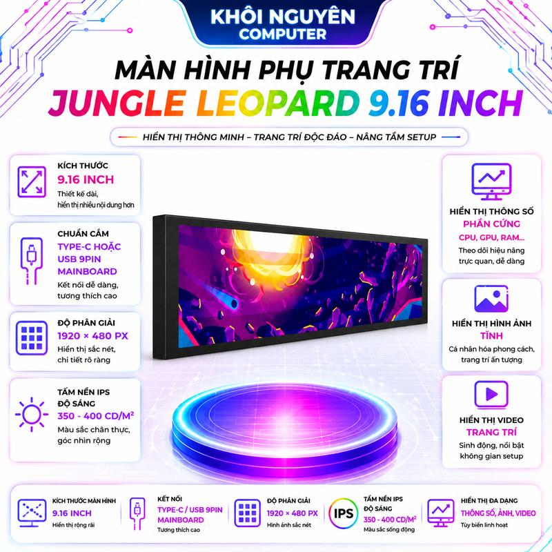 Màn Hình Phụ PC Jungle Leopard 9.16 Inch 1920x480 LCD IPS Hiển Thị CPU GPU RAM…