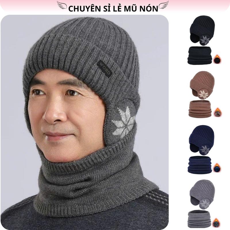Mũ len khăn giữ ấm mùa đông Nam, Nón len kèm khăn quàng cổ ấm lót lông bên trong - Chất liệu len mềm co dãn tốt