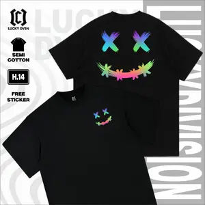 LUCKY DVSN Kaos Fake Smile Jepang Baju Distro Outfit Pria Wanita Desain Simpel Viral Trend Kekinian H 14