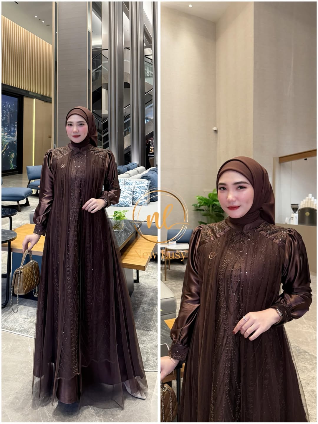 Leya Dress Bahan Satin Velvet Mix Brukat Tille Gamis Pesta Kondangan Simpel Elegant Warna Mahogany