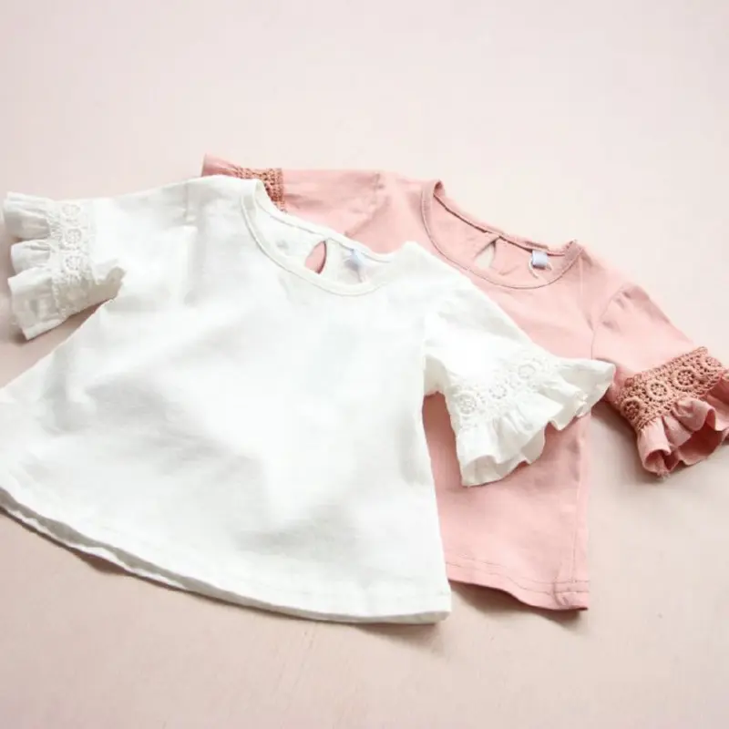 Summer Baby Girl Flare Sleeve Solid Print Lace Tops T-Shirts Kids Tops Casual Blouse