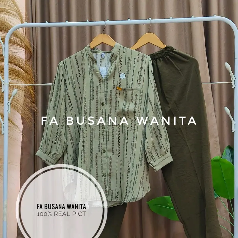 Setelan wanita jumbo bahan crinkle airflow Lembut baju Atasan Kancing depan Celana panjang Karet 8