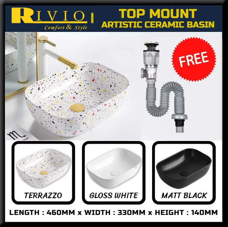 RIVIO / ARTISTIC / CERAMIC BASIN / TOP MOUNT BASIN / ART BASIN / BLACK / WHITE / TERRAZZO