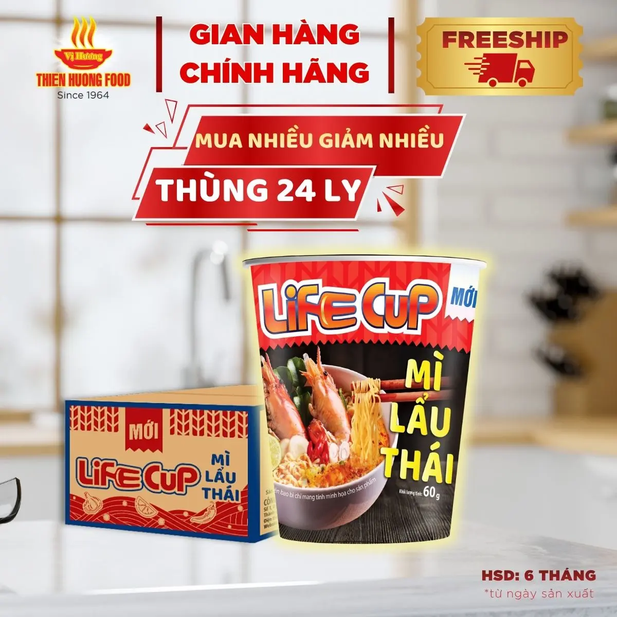 Thùng 24 Ly Mì Lẩu Thái Life Cup 60gram/ly