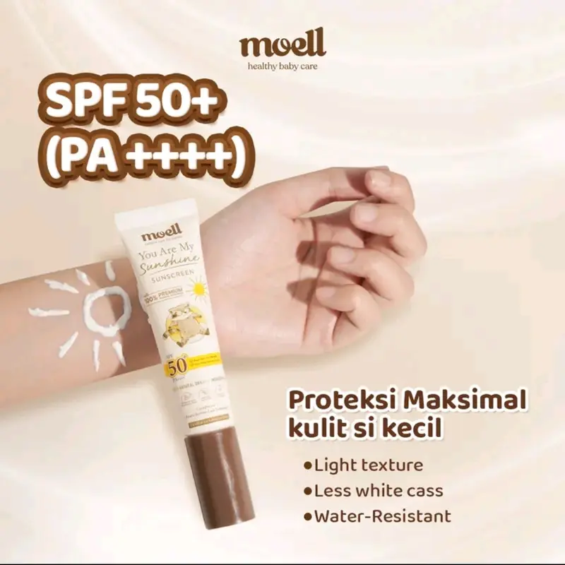 Moell Sunscreen SPF 50+ PA+++ (30 gr). Melindungi kulit dari UVA&UVB kandungan 100% Physical Mineral Sunscreen dan Organic Avocado Oil. Dengan formula Water Resistant. Dapat digunakan oleh remaja dan dewasa 3