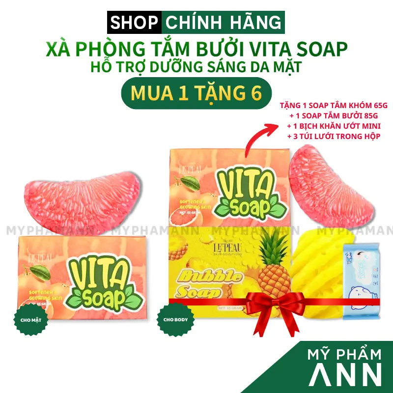 Khuyến Mãi Mua 1 Tặng 6 Xà Bông Tắm Cho Body Khóm Bubble Soap 65g + Cho Mặt Bưởi Vita Soap 85g Le Peau Chính Hãng